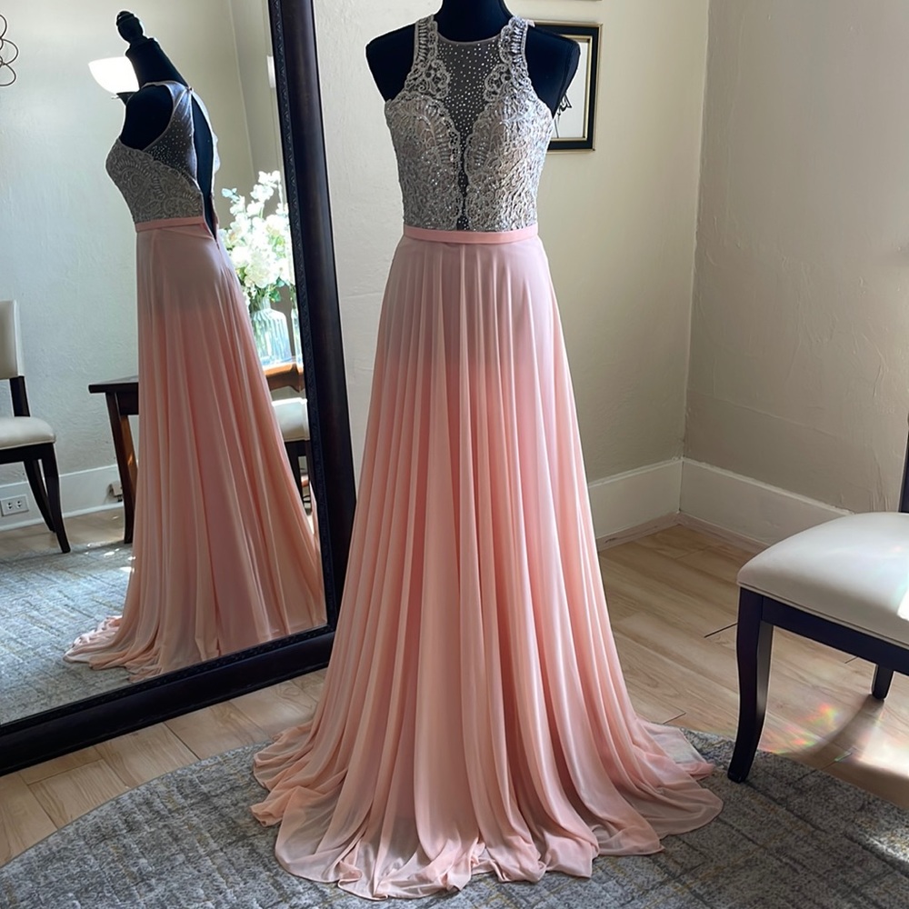 Size 00 peach/apricot illusion top flowy mesh aline prom dress by Splash Prom